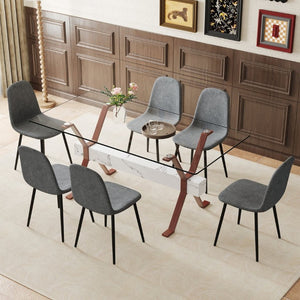 English Elm Table and Chair Set Glass Top Dining with Six Linen Seats and Walnut X Legs W1151S03891