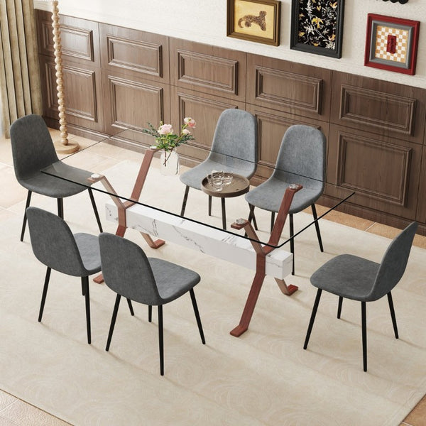 English Elm Table and Chair Set Glass Top Dining with Six Linen Seats and Walnut X Legs W1151S03891