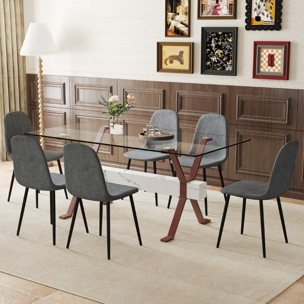 English Elm Table and Chair Set Glass Top Dining with Six Linen Seats and Walnut X Legs W1151S03891