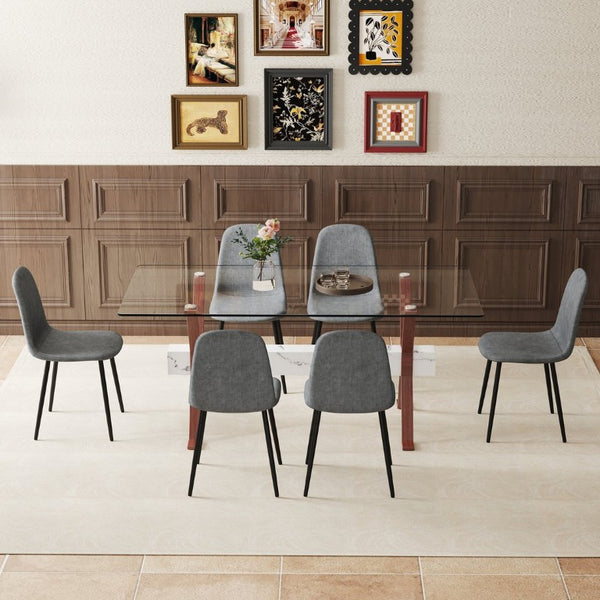 English Elm Table and Chair Set Glass Top Dining with Six Linen Seats and Walnut X Legs W1151S03891