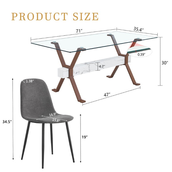 English Elm Table and Chair Set Glass Top Dining with Six Linen Seats and Walnut X Legs W1151S03891