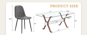 English Elm Table and Chair Set Glass Top Dining with Six Linen Seats and Walnut X Legs W1151S03891