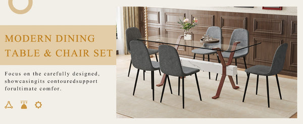 English Elm Table and Chair Set Glass Top Dining with Six Linen Seats and Walnut X Legs W1151S03891