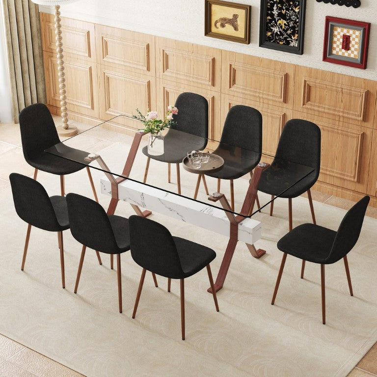 English Elm Table and Chair Set Glass Top Dining with Eight Linen Upholstered Seats Walnut Legs W1151S03895