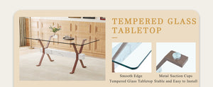 English Elm Table and Chair Set Glass Top Dining with Eight Linen Upholstered Seats Walnut Legs W1151S03895