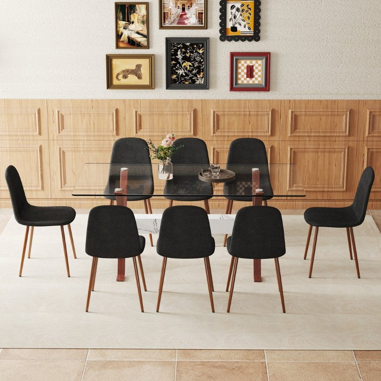 English Elm Table and Chair Set Glass Top Dining with Eight Linen Upholstered Seats Walnut Legs W1151S03895