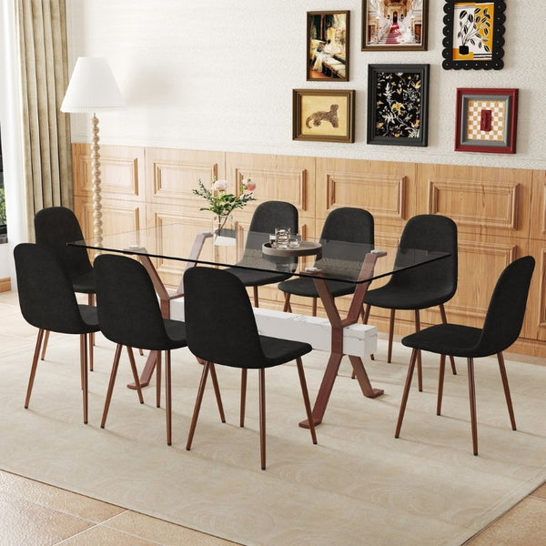 English Elm Table and Chair Set Glass Top Dining with Eight Linen Upholstered Seats Walnut Legs W1151S03895