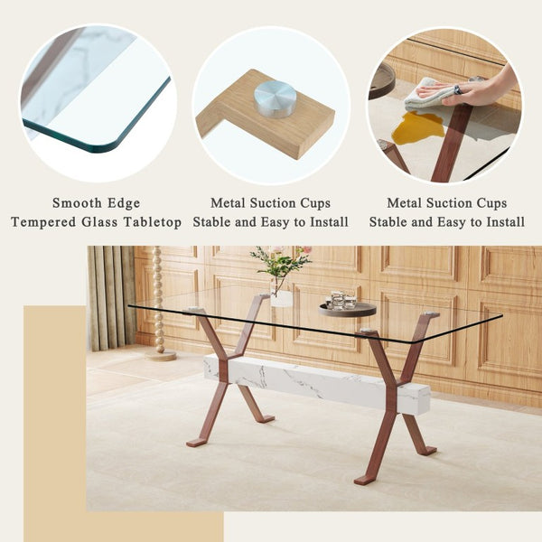 English Elm Table and Chair Set Glass Top Dining with Eight Linen Upholstered Seats Walnut Legs W1151S03895