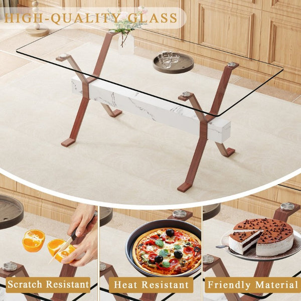 English Elm Table and Chair Set Glass Top Dining with Eight Linen Upholstered Seats Walnut Legs W1151S03895