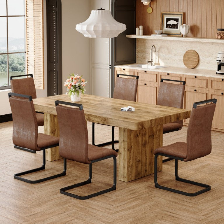 English Elm Table and Chair Set Seating Six with Wood Grain MDF Top and Upholstered Fabric Seats W1151S03904