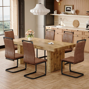 English Elm Table and Chair Set Seating Six with Wood Grain MDF Top and Upholstered Fabric Seats W1151S03904