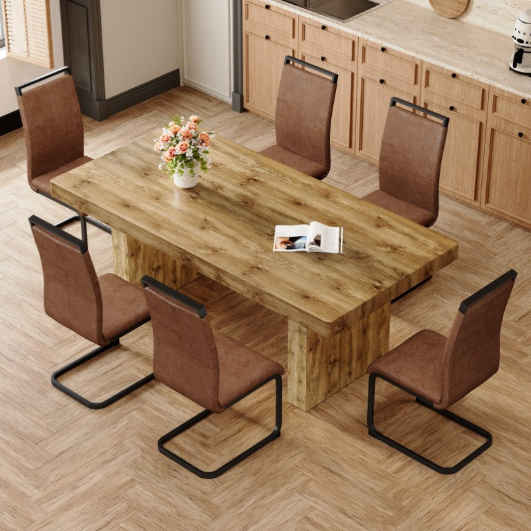 English Elm Table and Chair Set Seating Six with Wood Grain MDF Top and Upholstered Fabric Seats W1151S03904