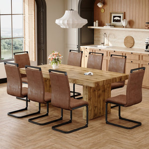 English Elm Table and Chair Set Seats Eight with Wood Grain MDF Top Suede Fabric Dining Chairs W1151S03905