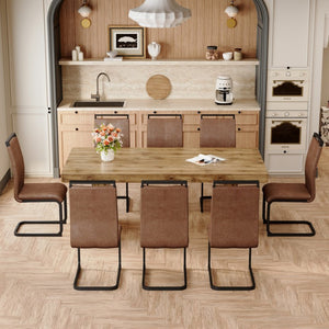 English Elm Table and Chair Set Seats Eight with Wood Grain MDF Top Suede Fabric Dining Chairs W1151S03905