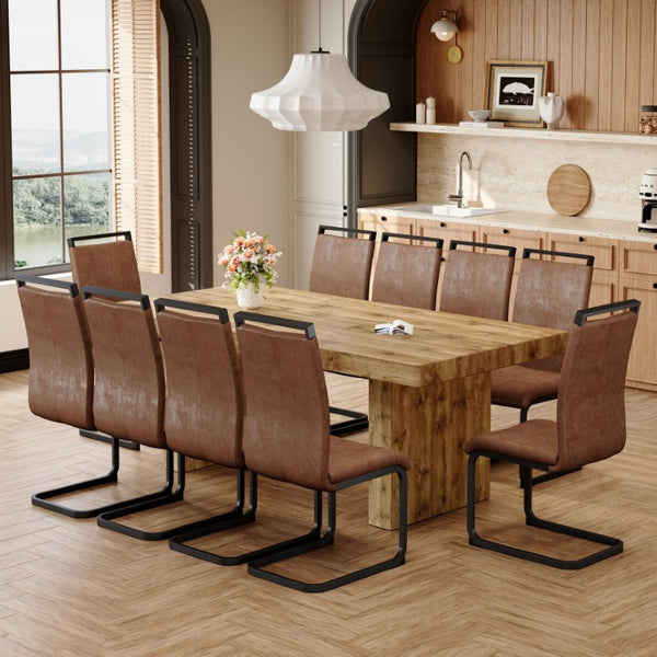 English Elm Table and Chair Set 11 Piece Wood Grain MDF Dining with Suede Fabric Seating W1151S03906