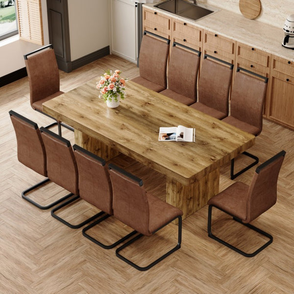 English Elm Table and Chair Set 11 Piece Wood Grain MDF Dining with Suede Fabric Seating W1151S03906