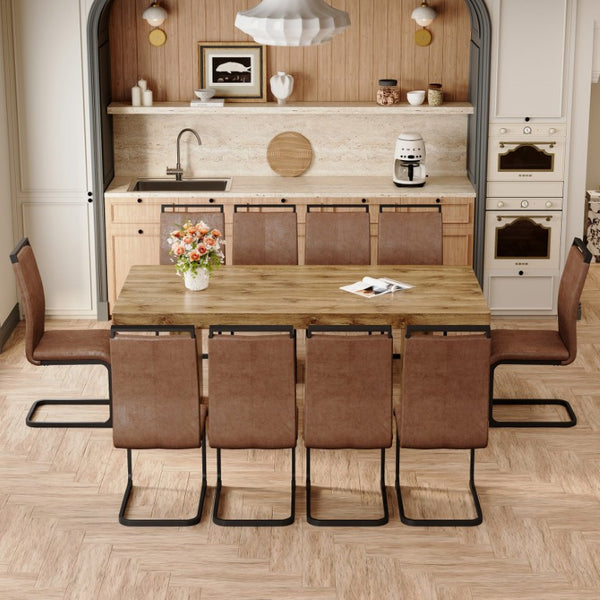 English Elm Table and Chair Set 11 Piece Wood Grain MDF Dining with Suede Fabric Seating W1151S03906