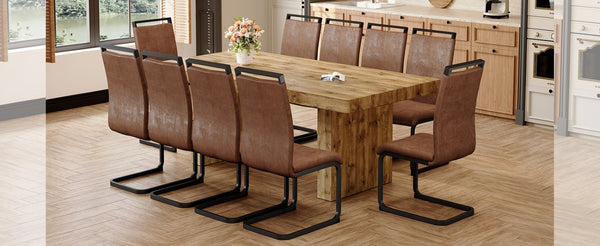 English Elm Table and Chair Set 11 Piece Wood Grain MDF Dining with Suede Fabric Seating W1151S03906