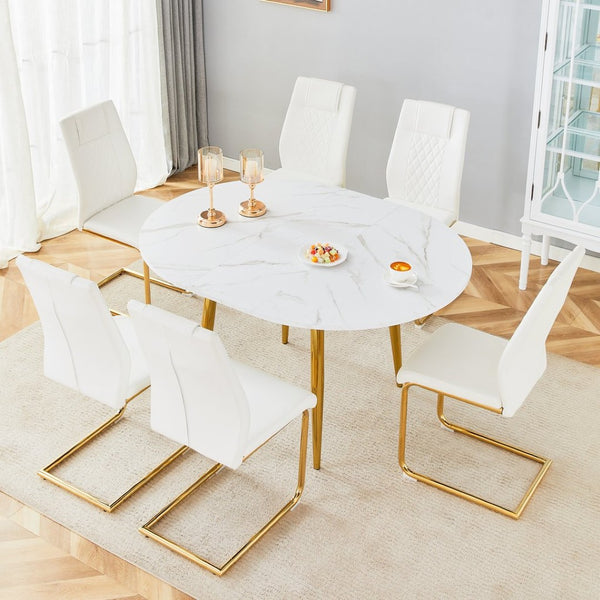 English Elm Table and Chair Set Extendable Mdf Round Oval Dining with Gold Legs Six Seats W1151S03951