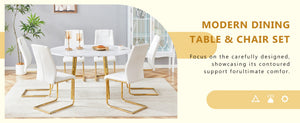 English Elm Table and Chair Set Extendable Mdf Round Oval Dining with Gold Legs Six Seats W1151S03951