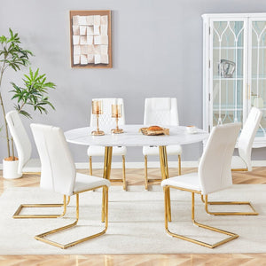 English Elm Table and Chair Set Extendable Mdf Round Oval Dining with Gold Legs Six Seats W1151S03951