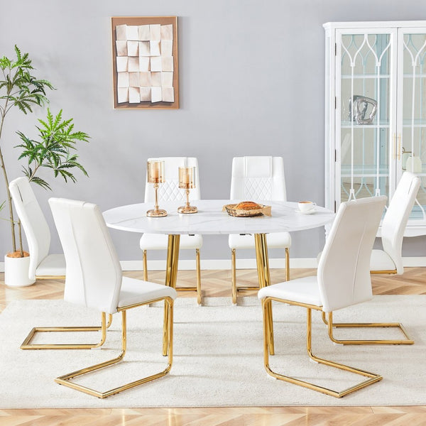 English Elm Table and Chair Set Extendable Mdf Round Oval Dining with Gold Legs Six Seats W1151S03951