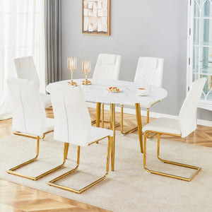 English Elm Table and Chair Set Extendable Mdf Round Oval Dining with Gold Legs Six Seats W1151S03951