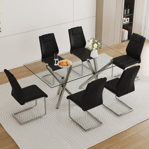 English Elm Table and Chair Set 71 Inch Tempered Glass Dining for Six with Silver Fork Legs Black + Silver W1151S03970