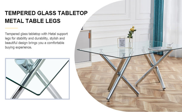 English Elm Table and Chair Set 71 Inch Tempered Glass Dining for Six with Silver Fork Legs Black + Silver W1151S03970
