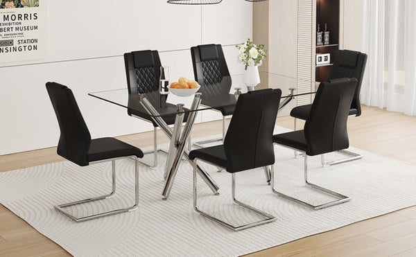English Elm Table and Chair Set 71 Inch Tempered Glass Dining for Six with Silver Fork Legs Black + Silver W1151S03970