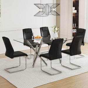 English Elm Table and Chair Set 71 Inch Tempered Glass Dining for Six with Silver Fork Legs Black + Silver W1151S03970