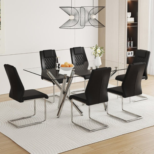 English Elm Table and Chair Set 71 Inch Tempered Glass Dining for Six with Silver Fork Legs Black + Silver W1151S03970