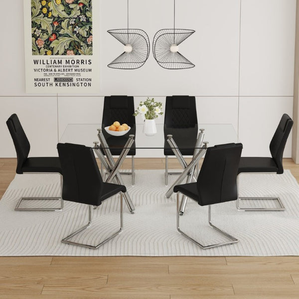 English Elm Table and Chair Set 71 Inch Tempered Glass Dining for Six with Silver Fork Legs Black + Silver W1151S03970