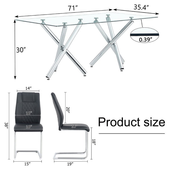 English Elm Table and Chair Set 71 Inch Tempered Glass Dining for Six with Silver Fork Legs Black + Silver W1151S03970