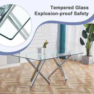 English Elm Table and Chair Set 71 Inch Tempered Glass Dining for Six with Silver Fork Legs Black + Silver W1151S03970