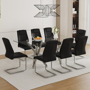 English Elm Table Set for 8 Transparent Tempered Glass Top Silver Metal Legs Modern Dining Black + Silver W1151S03971