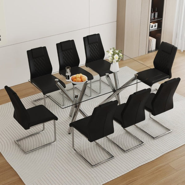 English Elm Table Set for 8 Transparent Tempered Glass Top Silver Metal Legs Modern Dining Black + Silver W1151S03971