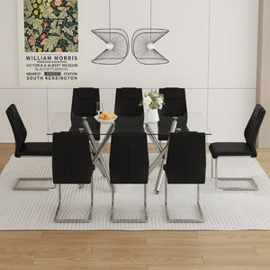 English Elm Table Set for 8 Transparent Tempered Glass Top Silver Metal Legs Modern Dining Black + Silver W1151S03971
