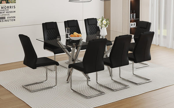 English Elm Table Set for 8 Transparent Tempered Glass Top Silver Metal Legs Modern Dining Black + Silver W1151S03971