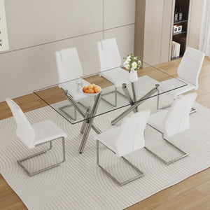 English Elm Table and Chair Set 71 Inch Tempered Glass Dining for Six with Silver Fork Legs White + Silver W1151S03972