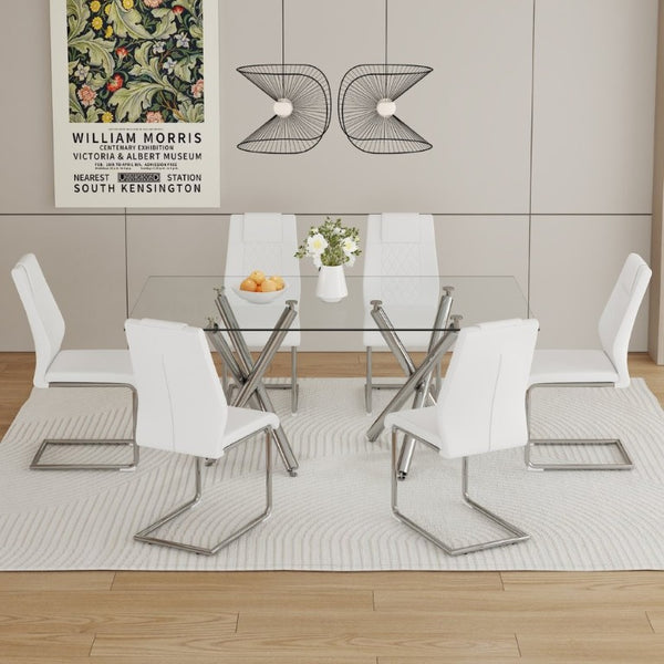 English Elm Table and Chair Set 71 Inch Tempered Glass Dining for Six with Silver Fork Legs White + Silver W1151S03972
