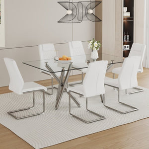 English Elm Table and Chair Set 71 Inch Tempered Glass Dining for Six with Silver Fork Legs White + Silver W1151S03972