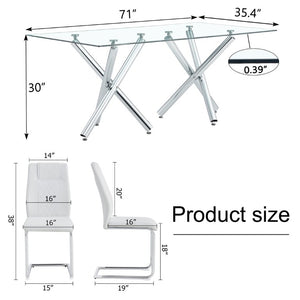 English Elm Table and Chair Set 71 Inch Tempered Glass Dining for Six with Silver Fork Legs White + Silver W1151S03972