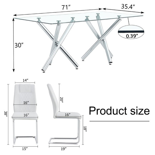 English Elm Table and Chair Set 71 Inch Tempered Glass Dining for Six with Silver Fork Legs White + Silver W1151S03972