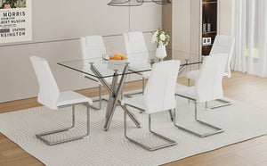 English Elm Table and Chair Set 71 Inch Tempered Glass Dining for Six with Silver Fork Legs White + Silver W1151S03972