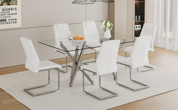 English Elm Table and Chair Set 71 Inch Tempered Glass Dining for Six with Silver Fork Legs White + Silver W1151S03972