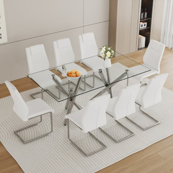 English Elm Table Set for 8 Transparent Tempered Glass Top Silver Metal Legs Modern Dining White + Silver W1151S03973