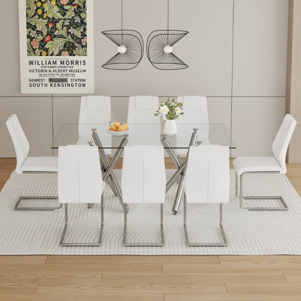 English Elm Table Set for 8 Transparent Tempered Glass Top Silver Metal Legs Modern Dining White + Silver W1151S03973