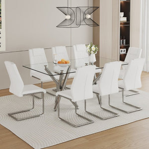 English Elm Table Set for 8 Transparent Tempered Glass Top Silver Metal Legs Modern Dining White + Silver W1151S03973