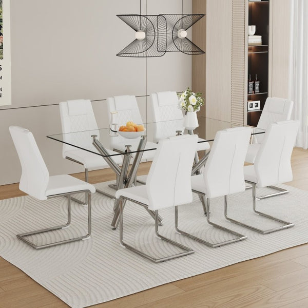 English Elm Table Set for 8 Transparent Tempered Glass Top Silver Metal Legs Modern Dining White + Silver W1151S03973